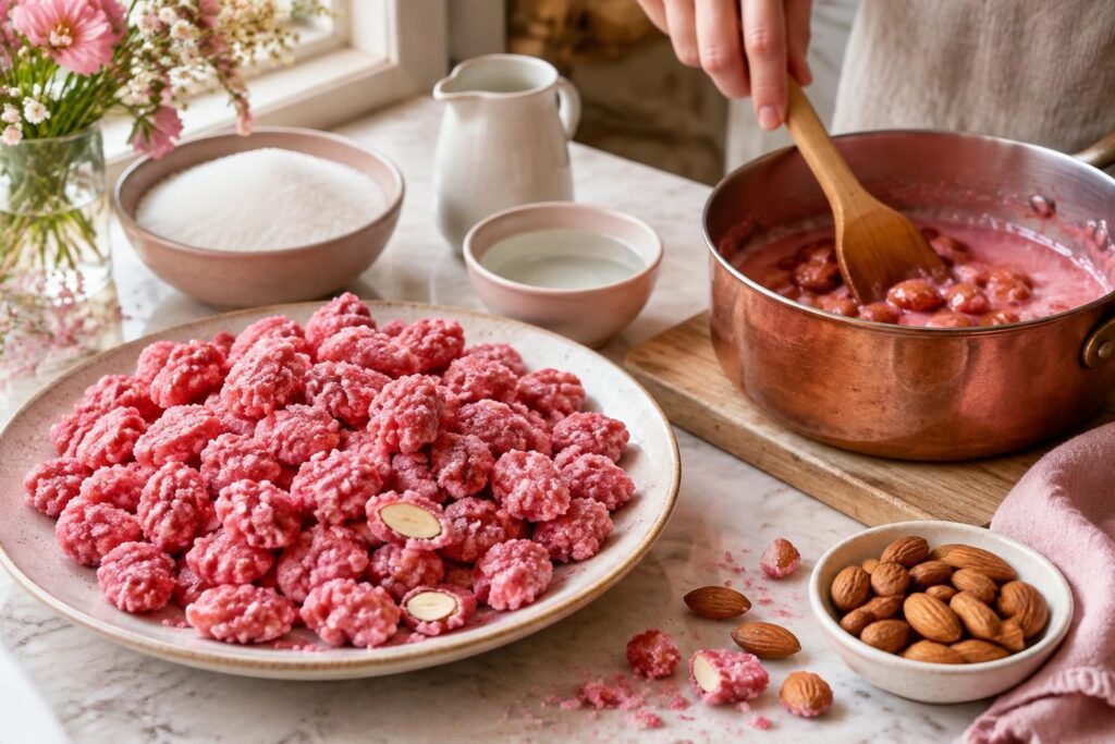découvrez comment faire vos pralines roses maison avec cette recette pas à pas : des amandes croquantes enrobées de sucre rose, faciles à préparer.